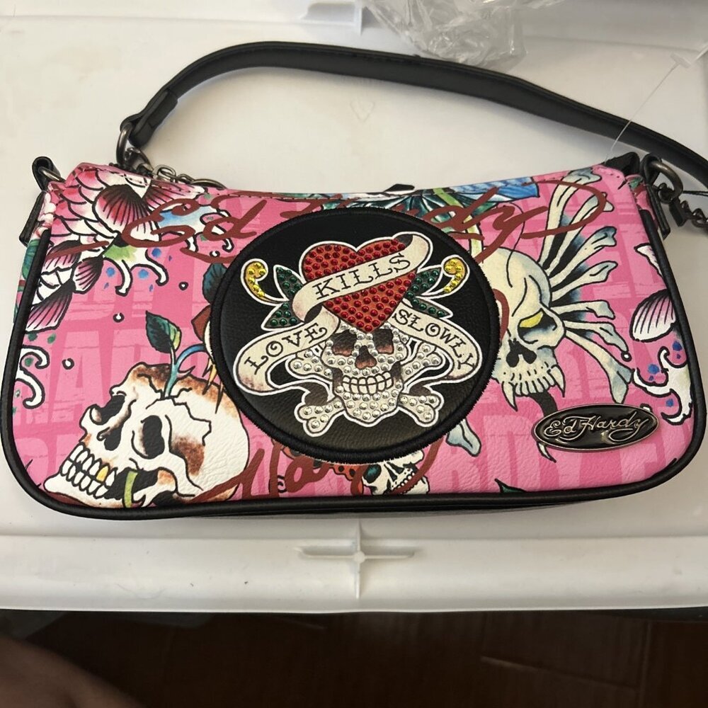 Ed Hardy Pink Hand & Shoulder bag Love Kills Slowly Pink & Black  Skull Bling